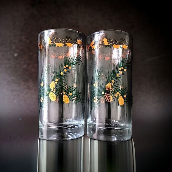 2 MCM Pine Branch Gold Holly Tumblers Continental Can Co Hazel Atlas Winter Vtg. - Picture 11 of 16